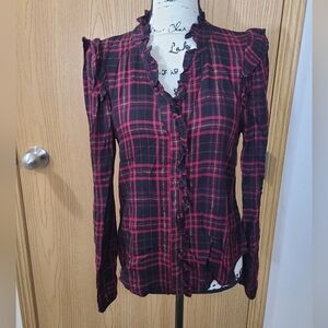 Evereve Plaid Button Up Metallic Thread Ruffle Victorian Inspired Shirt